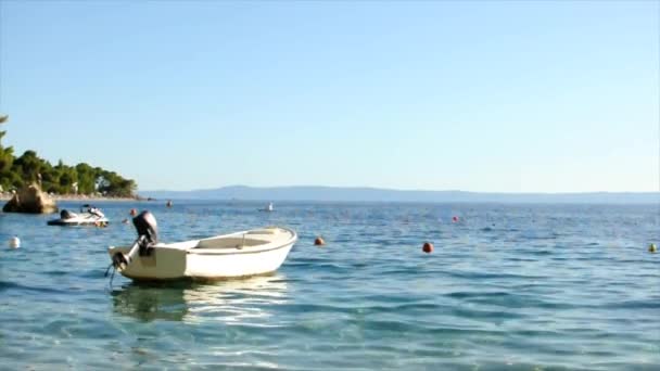 Sailing Boat Tied Shore Harbor Fishing Shallop Brela Croatia — Stock Video