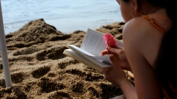 Vídeo Uma Mulher Chapéu Sol Lendo Livro Praia Seixos Areia — Vídeo de Stock