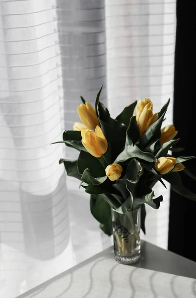 Beautiful Yellow Tulips Glass Vase Home Grey Background Colourful Spring —  Fotos de Stock