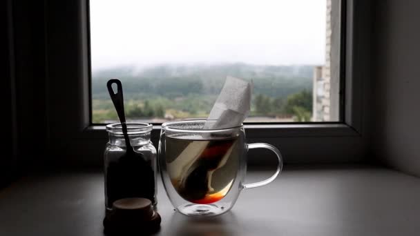 El té en la bolsa de té se está volviendo más oscuro en la taza de vidrio — Vídeo de stock