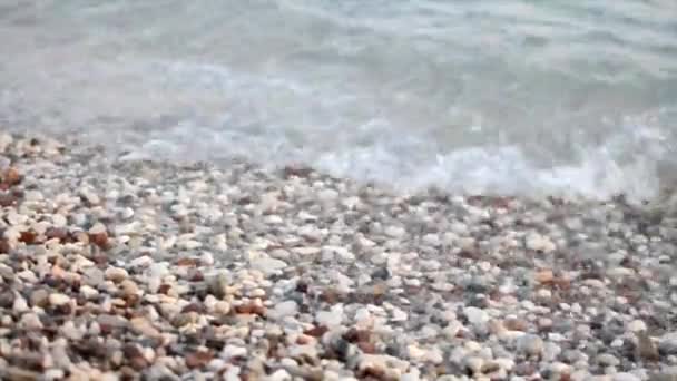 Primer Plano Vídeo Olas Están Rodando Una Playa Guijarros Piedra — Vídeos de Stock