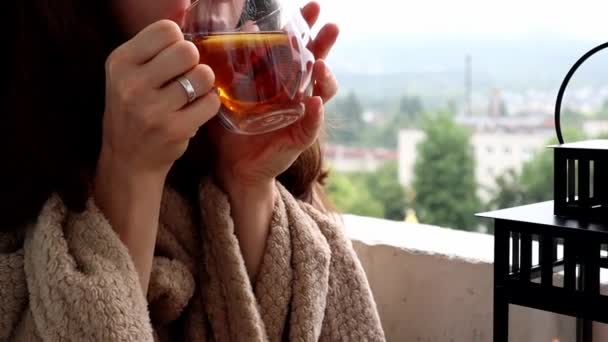 Girl Drinking Tea Lemon While Sitting Balcony Cozy Space Tereace — Stockvideo