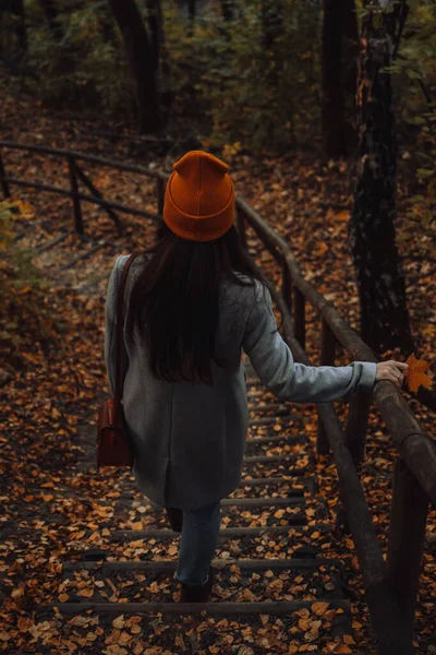 Young Girl Walking Alone Wooden Park Autumn Season Woman Orange — Stock Photo, Image