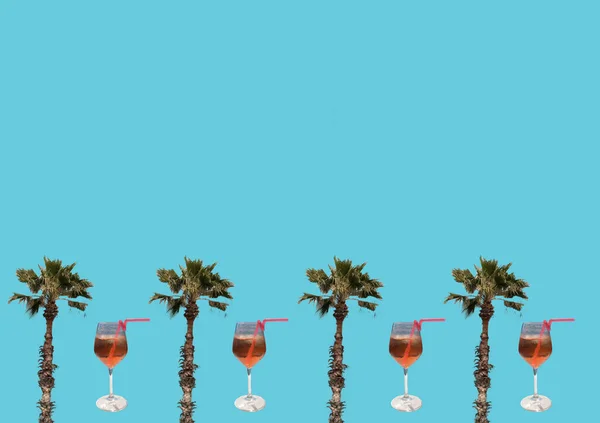 Contemporary trendy art collage of summer beach cocktails with palm trees with copy space