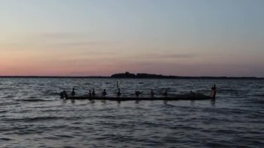 Bir sürü ördek gölde oturuyor ve gün batımında uçup gidiyor.. 