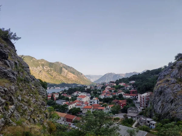 Kilátás Fentről Kotor Öbölben Régi Város Tenger Hegyek Kotor Montenegró — Stock Fotó