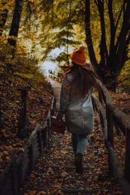 Genç bir kız sonbahar mevsiminde ahşap parkta tek başına yürüyor. Dışarıda turuncu şapkalı ve gri yün ceketli bir kadın var..