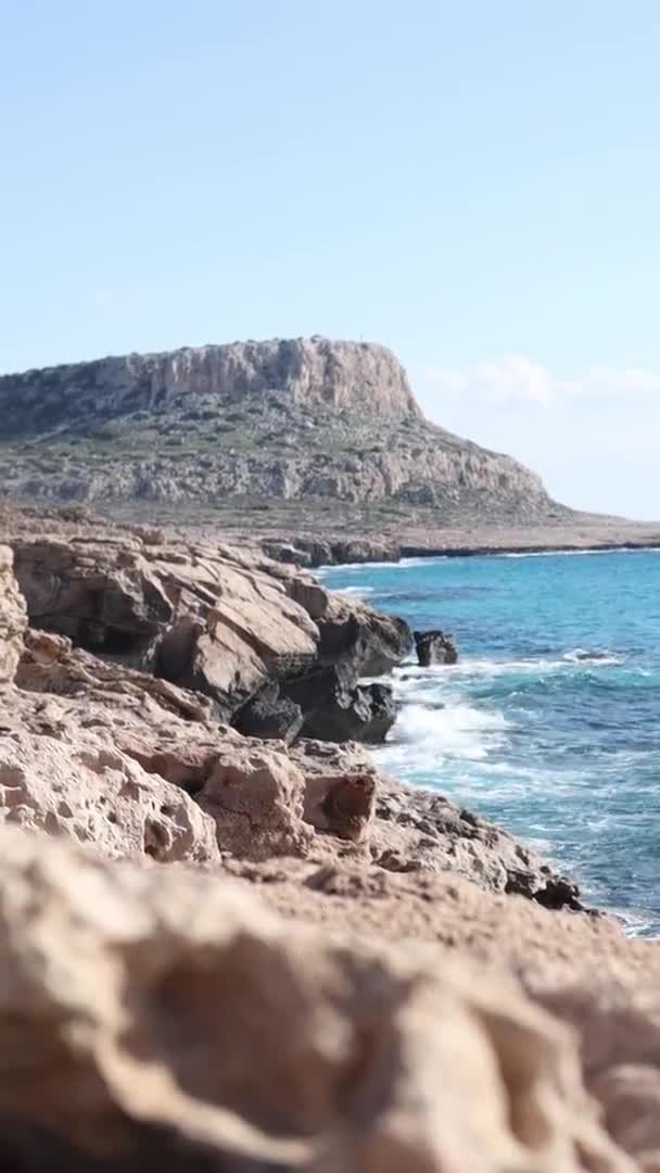 Beautiful Seashore Lagoon Sea Waves Front Cape Greco Mountain Ayia — Stock Video
