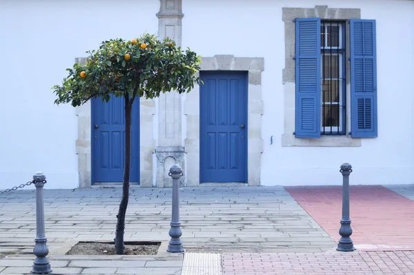 Belles Portes Bleues Avec Fenêtres Mandarinier Dans Vieux Bâtiment Larnaca — Photo
