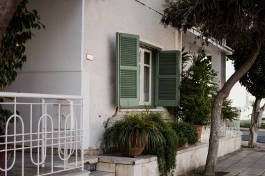 Evin yakınında yeşil pencere çerçeveleri ve bitkileri olan güzel bir cephe. Açık hava yeşilliği