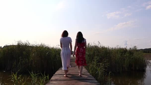 Two Young Barefoot Women Dresses Walking Away Wooden Trail Bridge — Stock videók