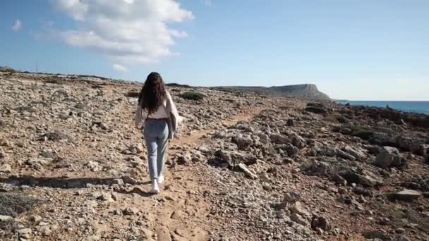 Jovem Mulher Por Trás Está Caminhando Terreno Deserto Para Montanha — Vídeo de Stock