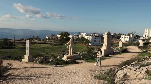Young Woman Walking Sculpture Park Ayia Napa National Park Cyprus — 图库视频影像