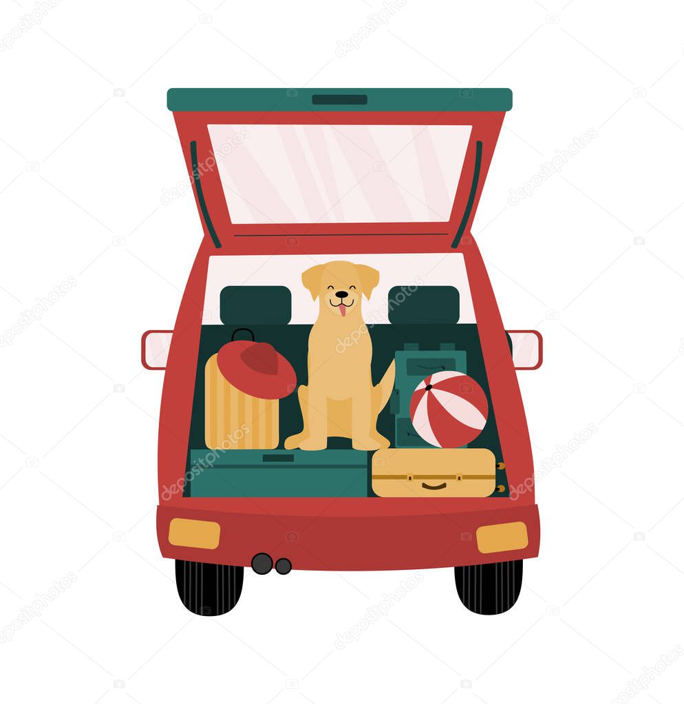 Travelling with pets. Dog is sitting in the back sitting of the car. Trunk is full of belongings such as suitcases, backpack. Road trip vacation 