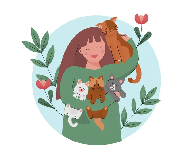 Vector illustration of a girl holding and hugging three cats. One cat is sitting on woman shoulder 