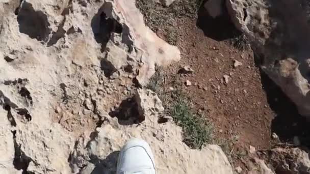 Close Man Feet Walking Desert Ground Mountain Cape Greco Ayia — Vídeos de Stock