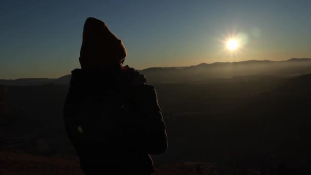 Silhouette Young Woman Hat Drinking Tea Cup Outdoors Front Mountains — Stockvideo