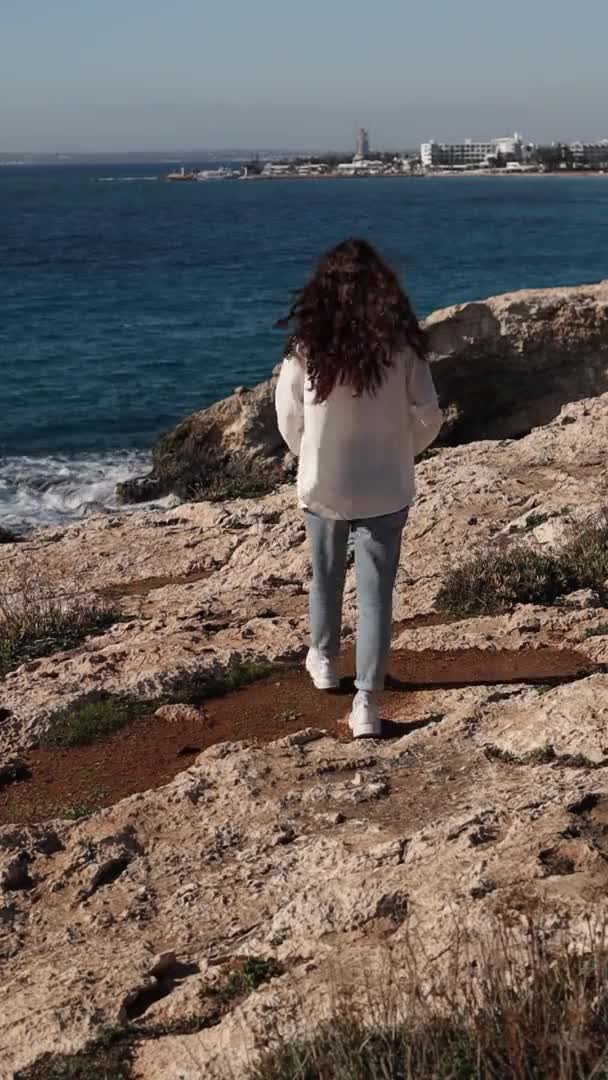 Young Carefree Woman Walking Edge Sea Caves Love Bridge Ayia — Stock Video