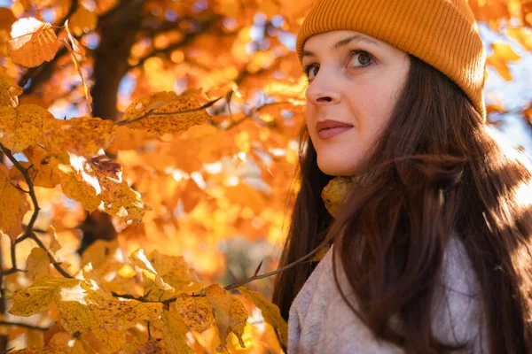 A portrait of a brunette smiling woman in an orange beanie. Girl looking away in the orange leaves tree. Place for text.