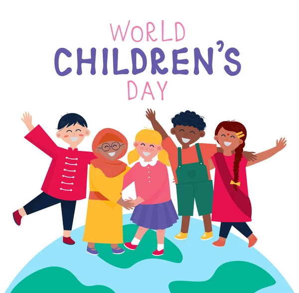 Cartaz Dia Mundial Das Crianças Com Crianças Internacionais Felizes Diferentes —  Vetores de Stock