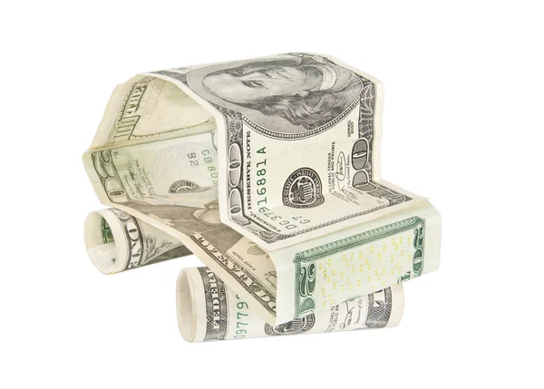 Coche hecho de billetes de dólar aislados sobre fondo blanco - banco — Foto de Stock