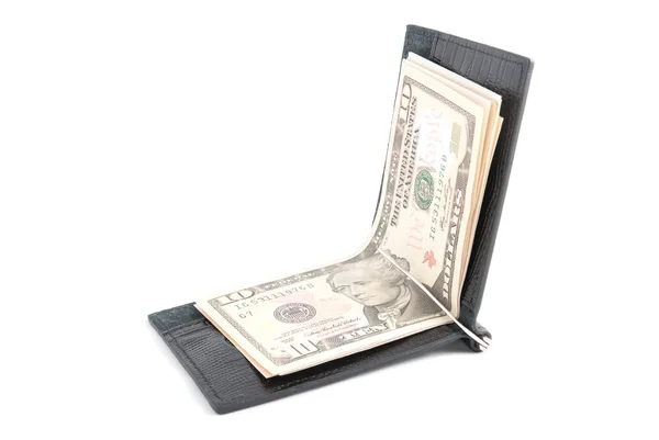 Чёрный кожаный бумажник с деньгами на белом фоне — стоковое фото