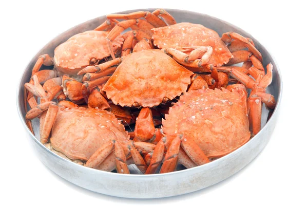 Five red boiled crabs in a saucepan isolated on white background — Stock Photo, Image