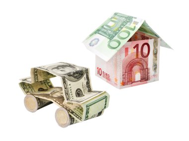 Car and house made of dollar banknotes isolated on white background clipart