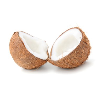 two halfs of coconut with milk isolated on white background clipart