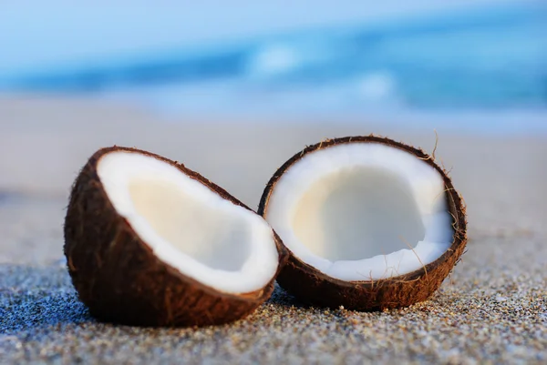 Two halfs of coconut against sea at the sea sand beach — Stock Photo, Image