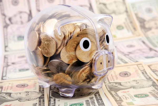 Besparingen in piggy bank geïsoleerd op dollar bankbiljet achtergrond — Stockfoto