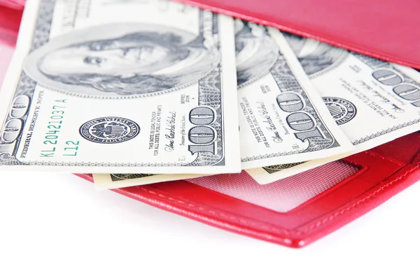 Red leather wallet with money isolated on white — Stock Photo, Image