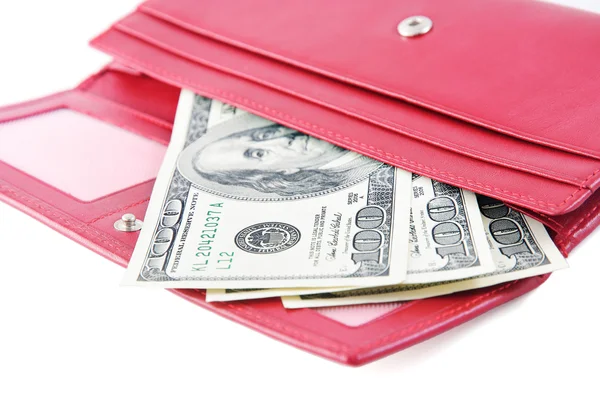 Red leather wallet with money isolated on white — Stock Photo, Image