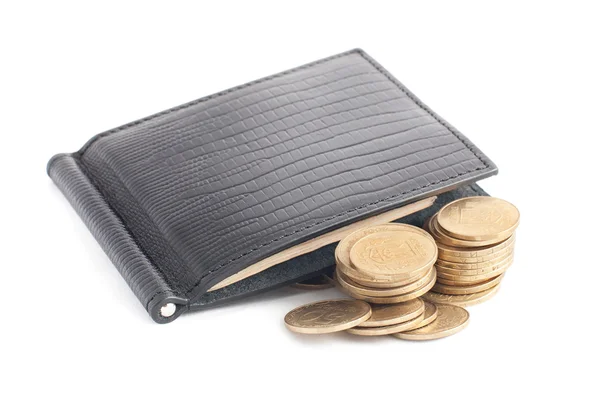 Закритий чорний шкіряний гаманець з грошима ізольований на білому Ліцензійні Стокові Зображення