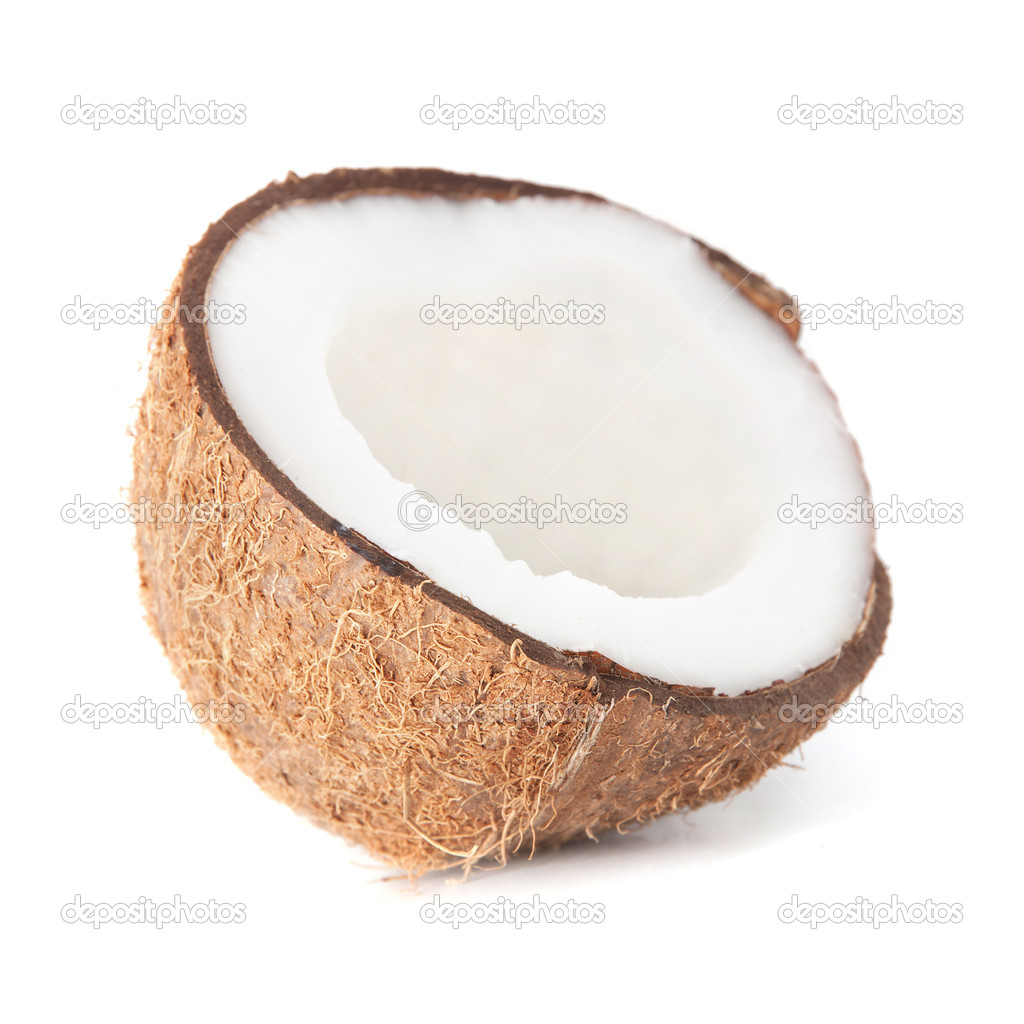 Dos mitades de coco con leche aislada sobre blanco fotografía de stock