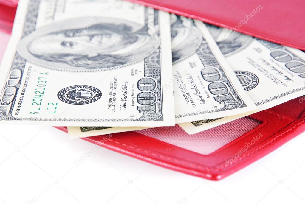 red leather wallet with money isolated on white