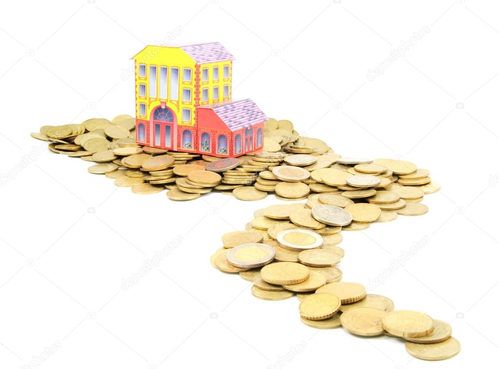 Coin money road to the house isolated on white background - bank