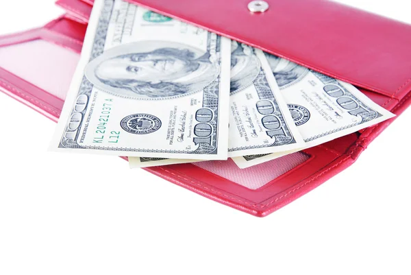 Red leather wallet with money isolated on white — Stock Photo, Image