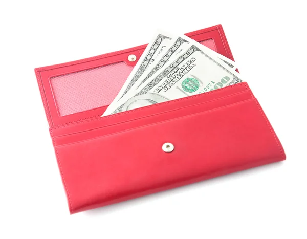 Red leather wallet with money isolated on white — Stock Photo, Image