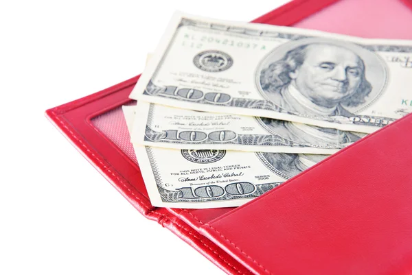 Carteira de couro vermelho com dinheiro isolado em branco — Fotografia de Stock