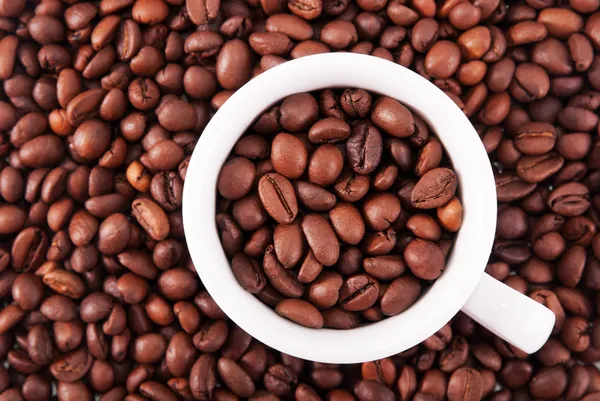 कॉफी बीन्स आणि पांढरा कप शीर्ष दृश्य — स्टॉक फोटो, इमेज