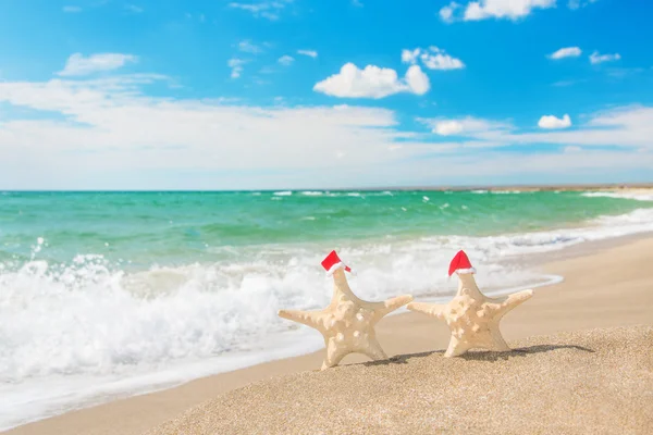 Coppia di stelle marine in cappelli di Babbo Natale a piedi sulla spiaggia del mare. Anno nuovo d — Foto Stock