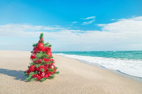 समुद्र तट पर क्रिसमस का पेड़। क्रिसमस अवकाश अवधारणा . — स्टॉक फ़ोटो, इमेज