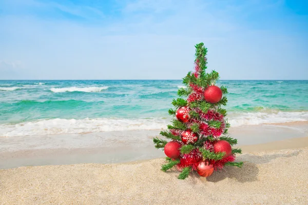Christmas tree on the sea beach. Christmas vacation concept. — Stock Photo, Image