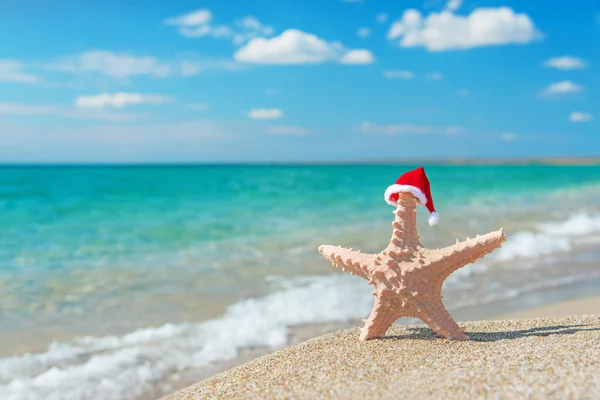 Sea-star in santa hat at sea sandy beach. Holiday concept for Ne — Stock Photo, Image