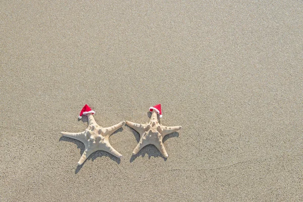 Coppia di stelle marine in cappelli di Babbo Natale sulla sabbia . — Foto Stock