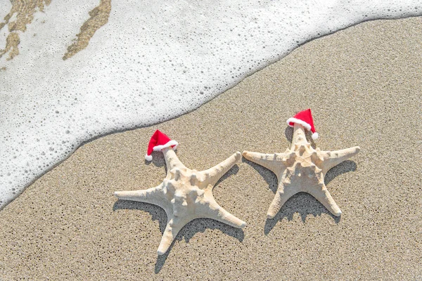 Sea-stars couple in santa hats on the sand. — Stock Photo, Image
