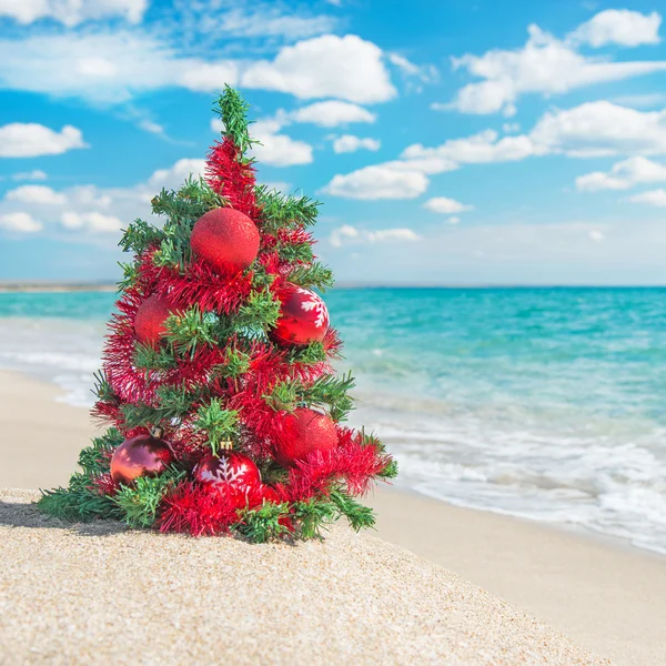 Christmas tree on the sea beach. Christmas vacation concept. — Stock Photo, Image