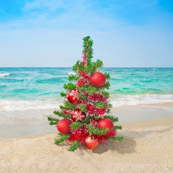 Weihnachtsbaum am Meeresstrand. Weihnachtsferien-Konzept. — Stockfoto