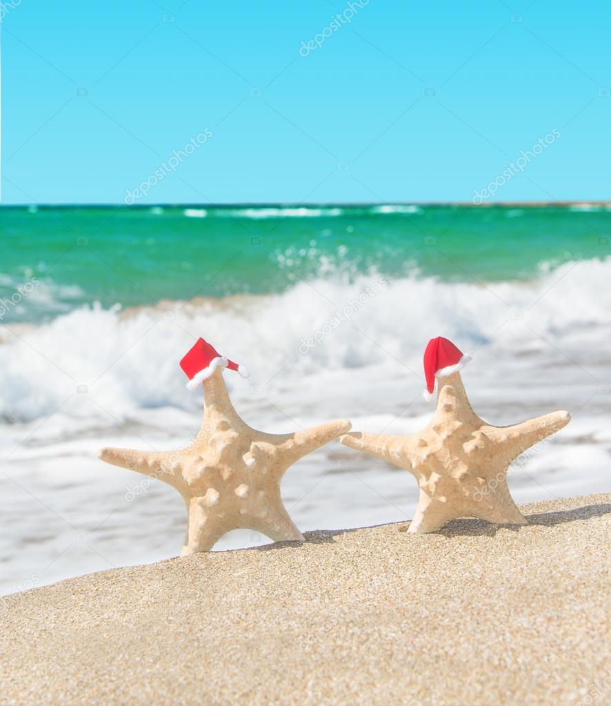 Sea-stars couple in santa hats walking at sea beach.